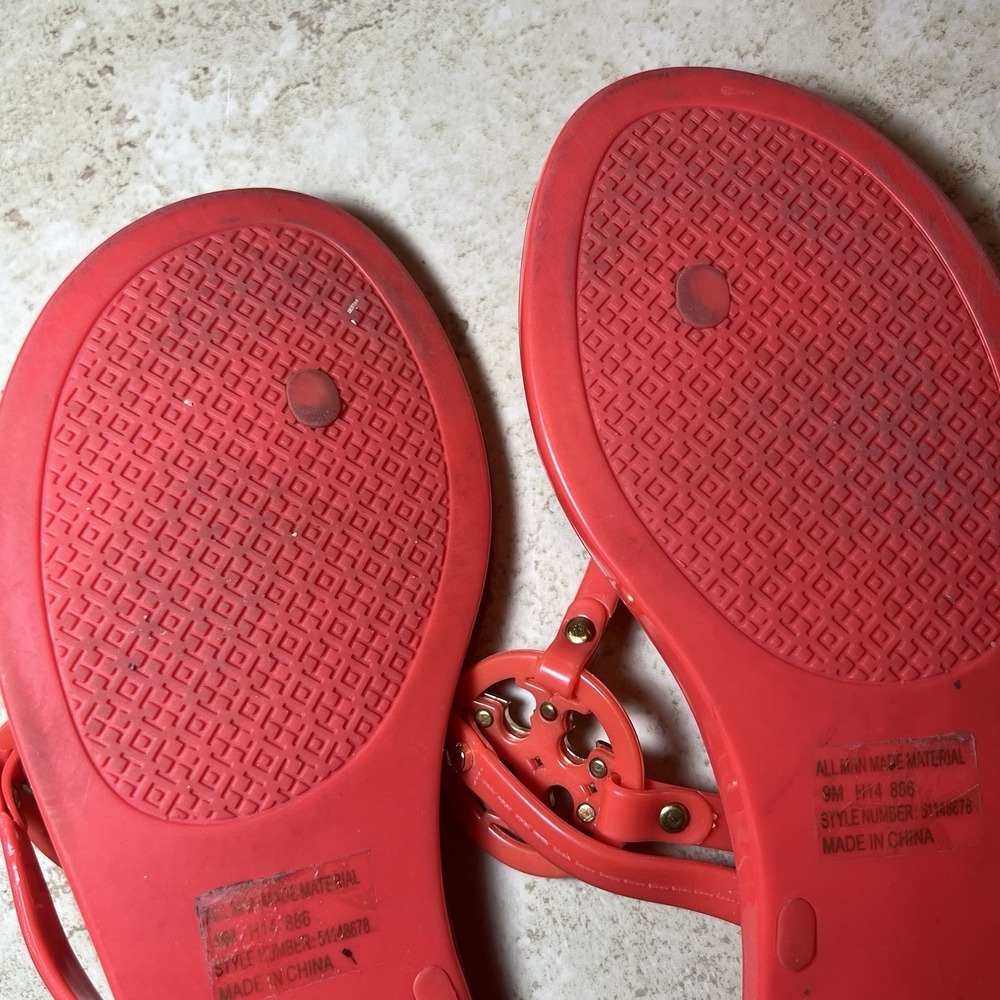 Tory Burch Mini Miller Jelly Thong Sandals Size 9 Orange Coral Double T Gold EUC - Picture 6 of 8